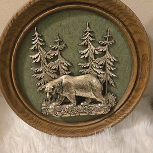 3D Rare Round Wooden Wall Plaque with Silver Bear Design and tree Background